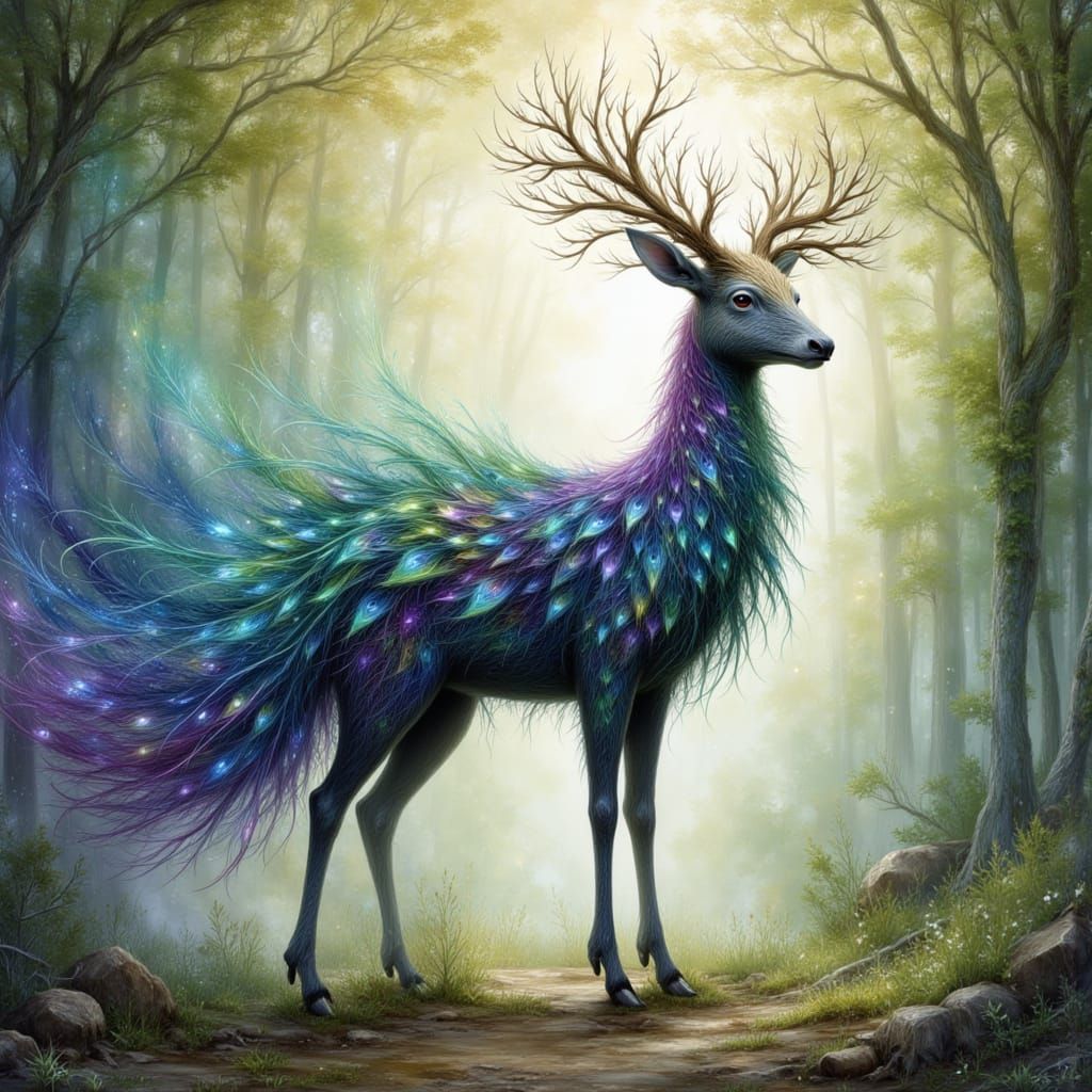 Watercolor Deer-Peacock Hybrid in Luminous Forest