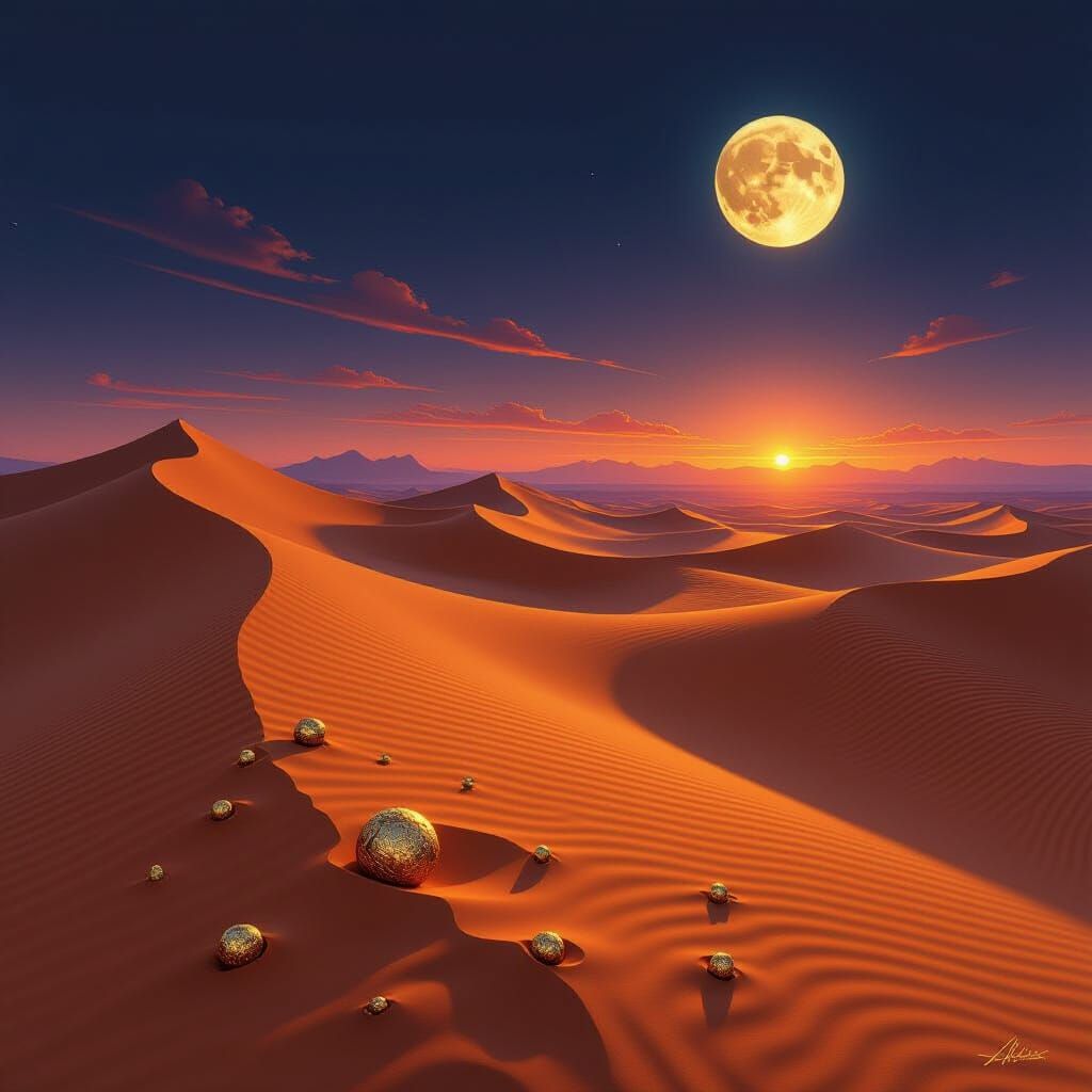Ethereal Desert Twilight with Ancient Gold Artifacts