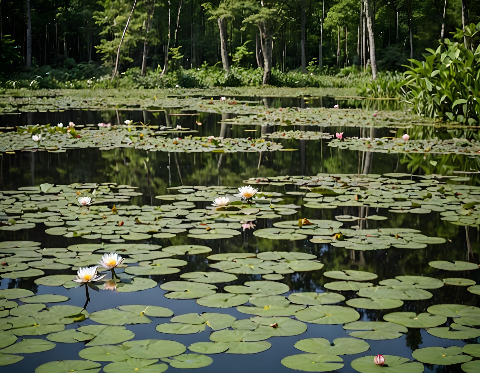 Still Pond with Lily Pads in Forest Clearing