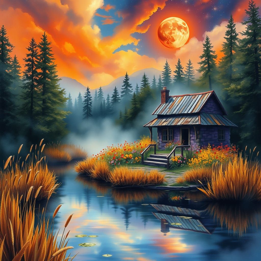 Magical Watercolor Forest With Celestial Sky and Stone Cotta...