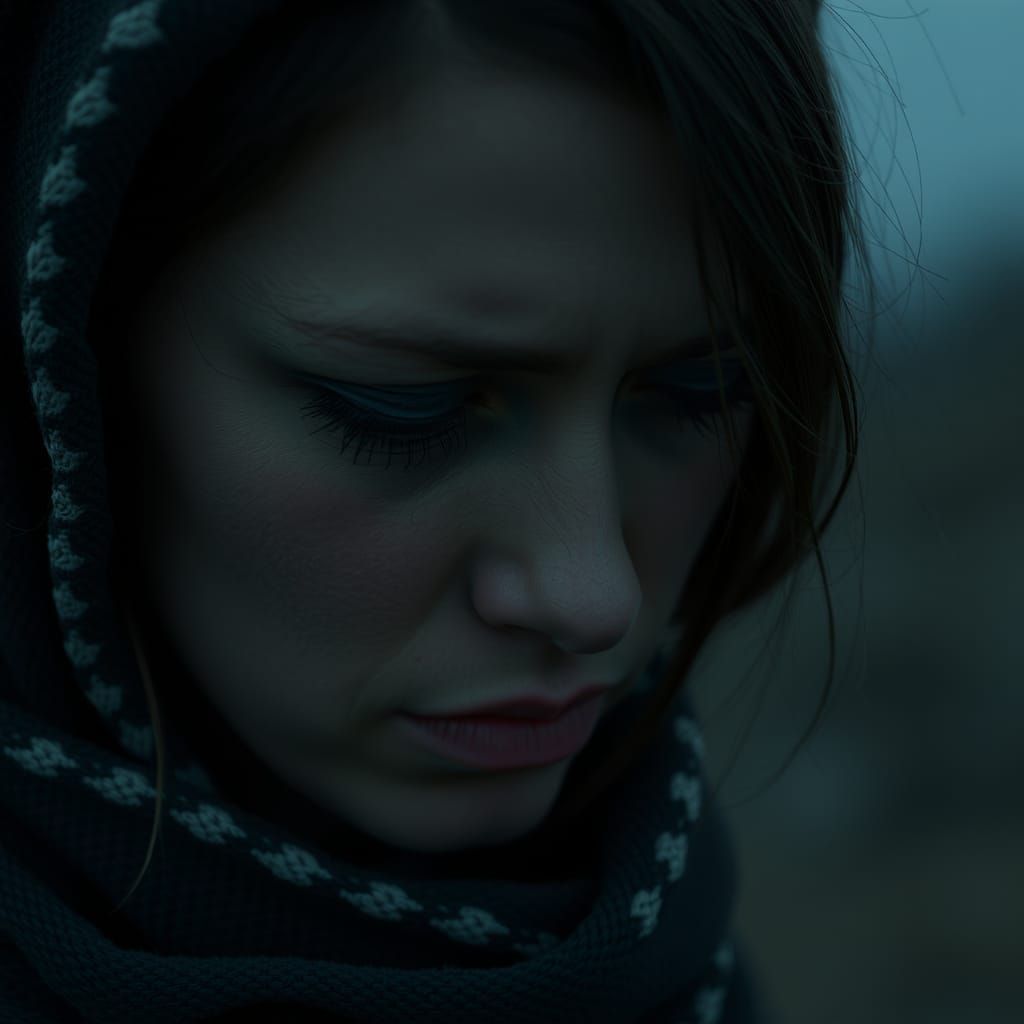 Worried Woman in Bleak Landscape: Hyperrealistic Portrait