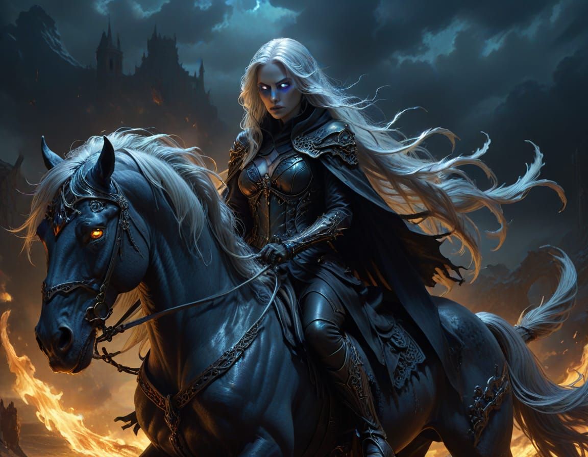 Ethereal Grim Reaper Maiden Rides Dark Fantasy Steed