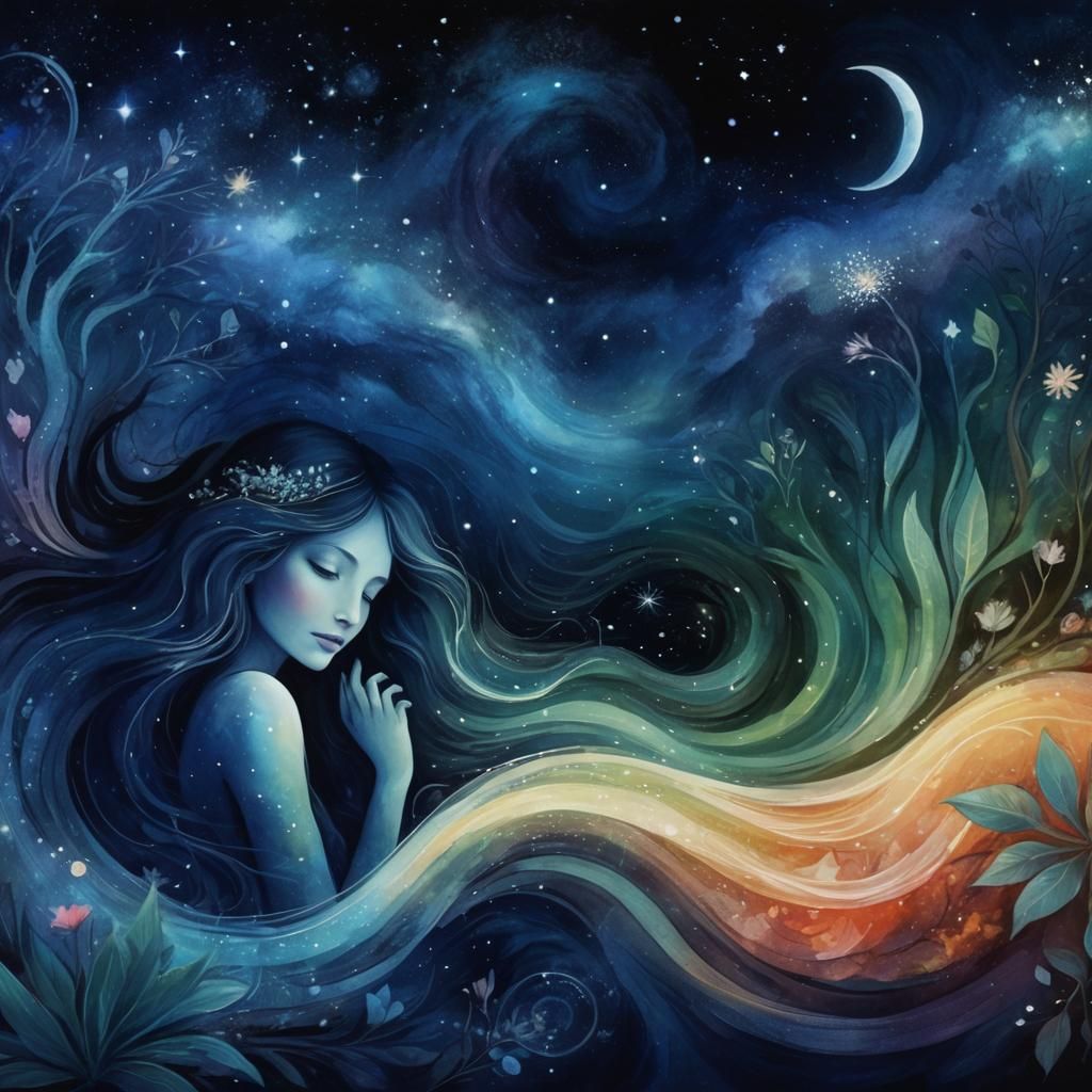 Dreamy Woman in a Whimsical Folkart Dreamscape