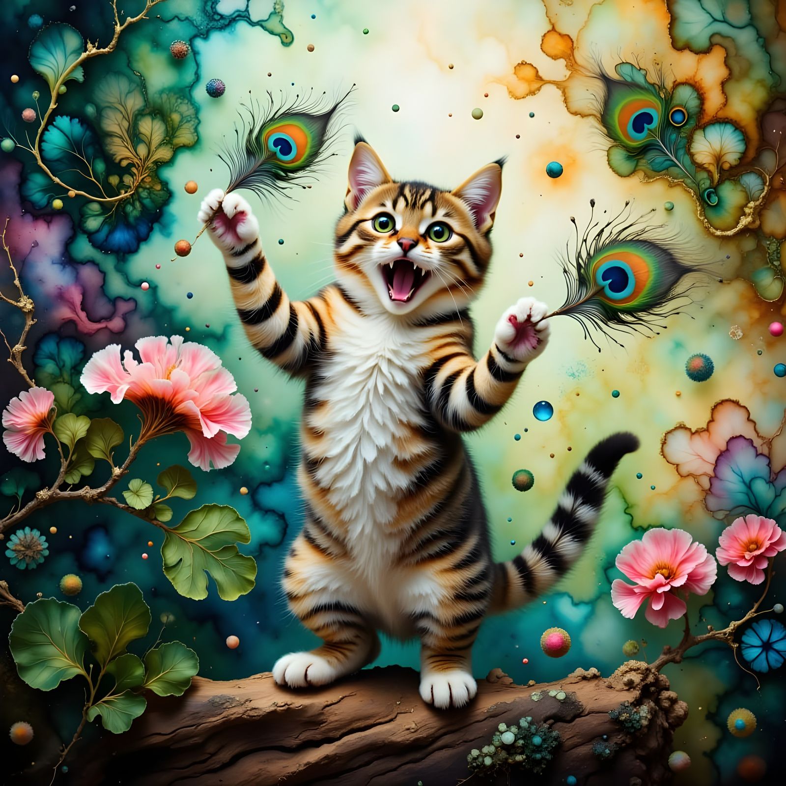 Playful Tabby Kitten Reaching for Peacock Feather