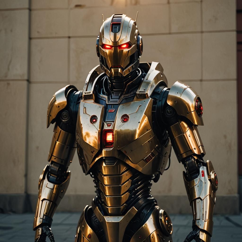 Golden Armored Robot with Glowing Eyes: Sci-Fi Aesthetic