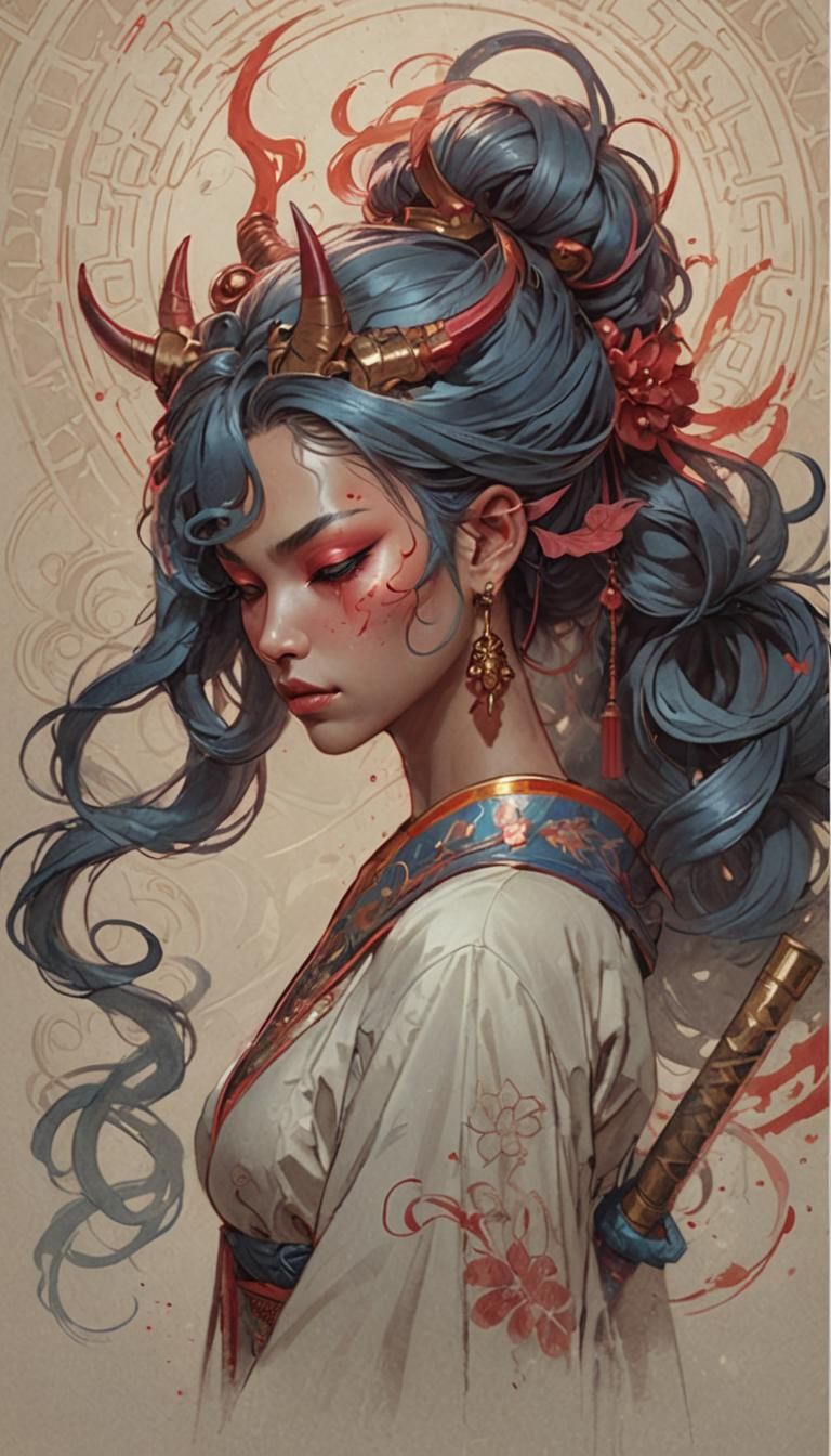 Gorgeous Oni Woman Portrait in Hyperdetailed Style