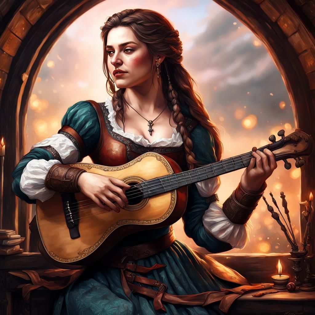 Priscilla the Bard Performing, Hyperrealistic Digital Art