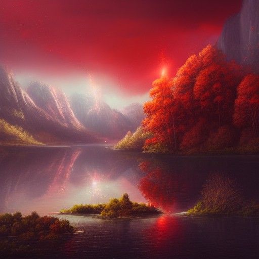 Red Tree Amidst Thunderstorms in a Lake