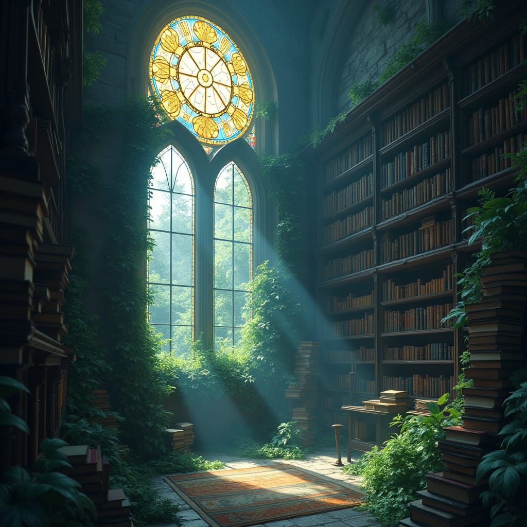 Enchanted Library with Floating Books and Spectral Librarian...