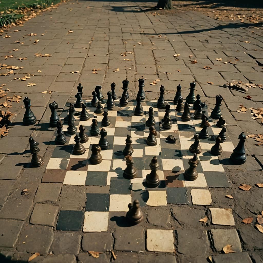 Ducks Play Chess in Park: Cinematic Still