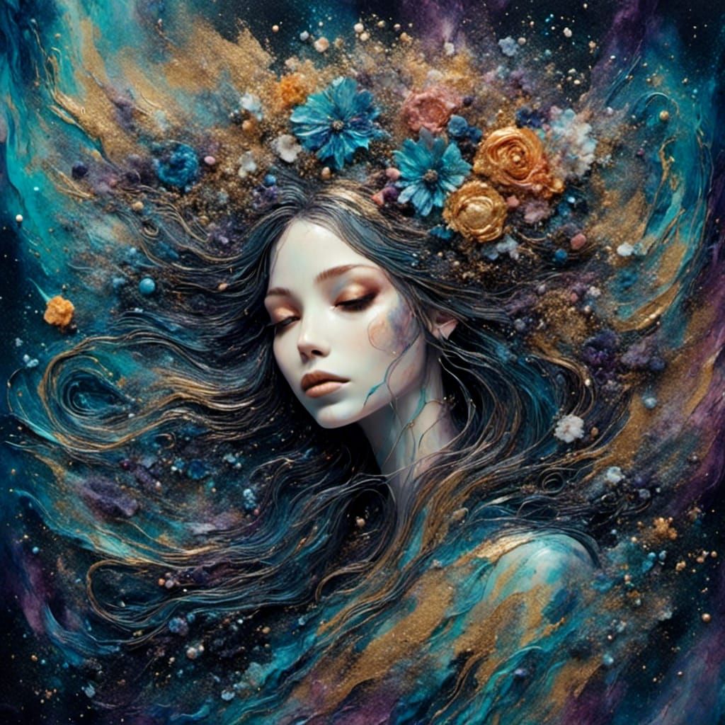 Queen of Galaxy Descends with Flowers in Hair