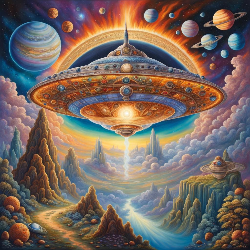 Hyperreal Spaceship in Jeweled Galaxy, Josephine Wall Style