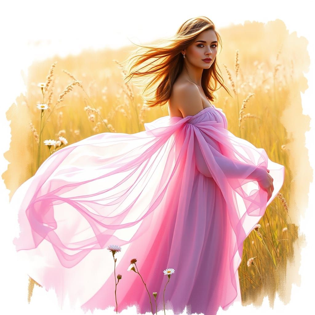 Ethereal Woman in Gauze Gown: Pastel Mixed-Media Painting