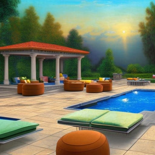Hyperrealistic Colorful Stone Patio with Pool