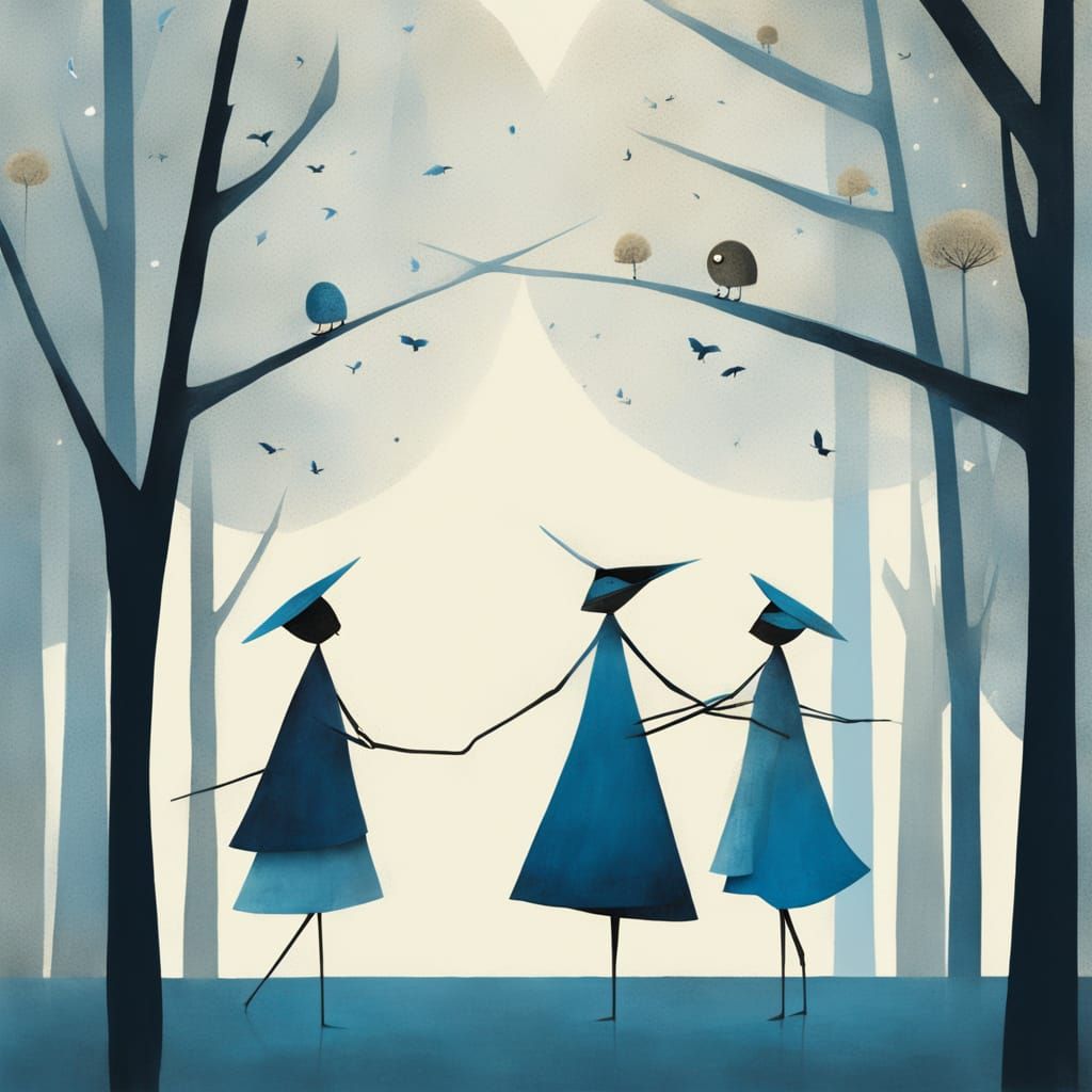 Whimsical Blue Dancers in Watercolor Style