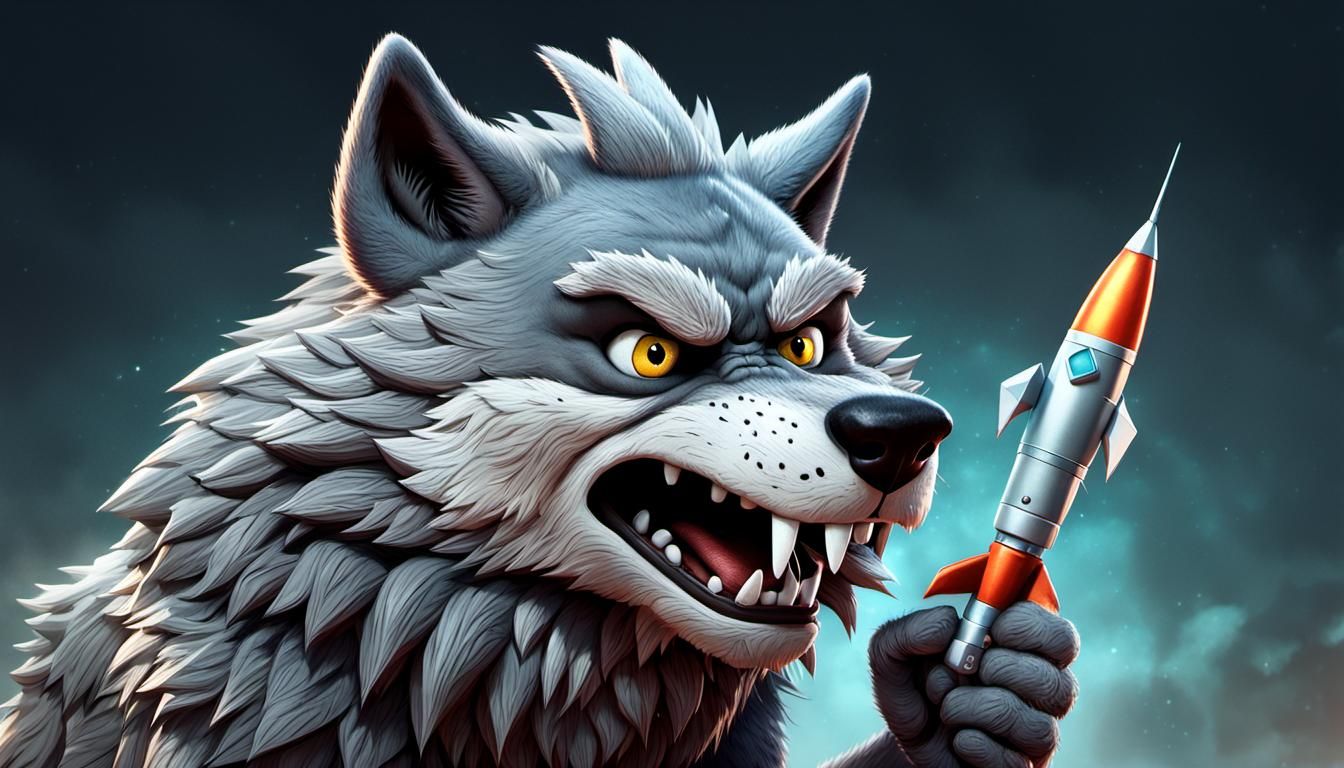 Grumpy Wolf Holds Rocket: CGI Cartoon Art