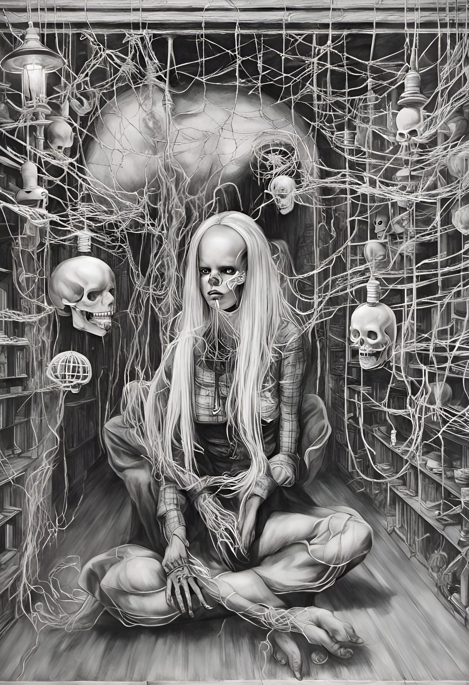 Surreal Stitched Face in Hallway, Hyperrealistic Style