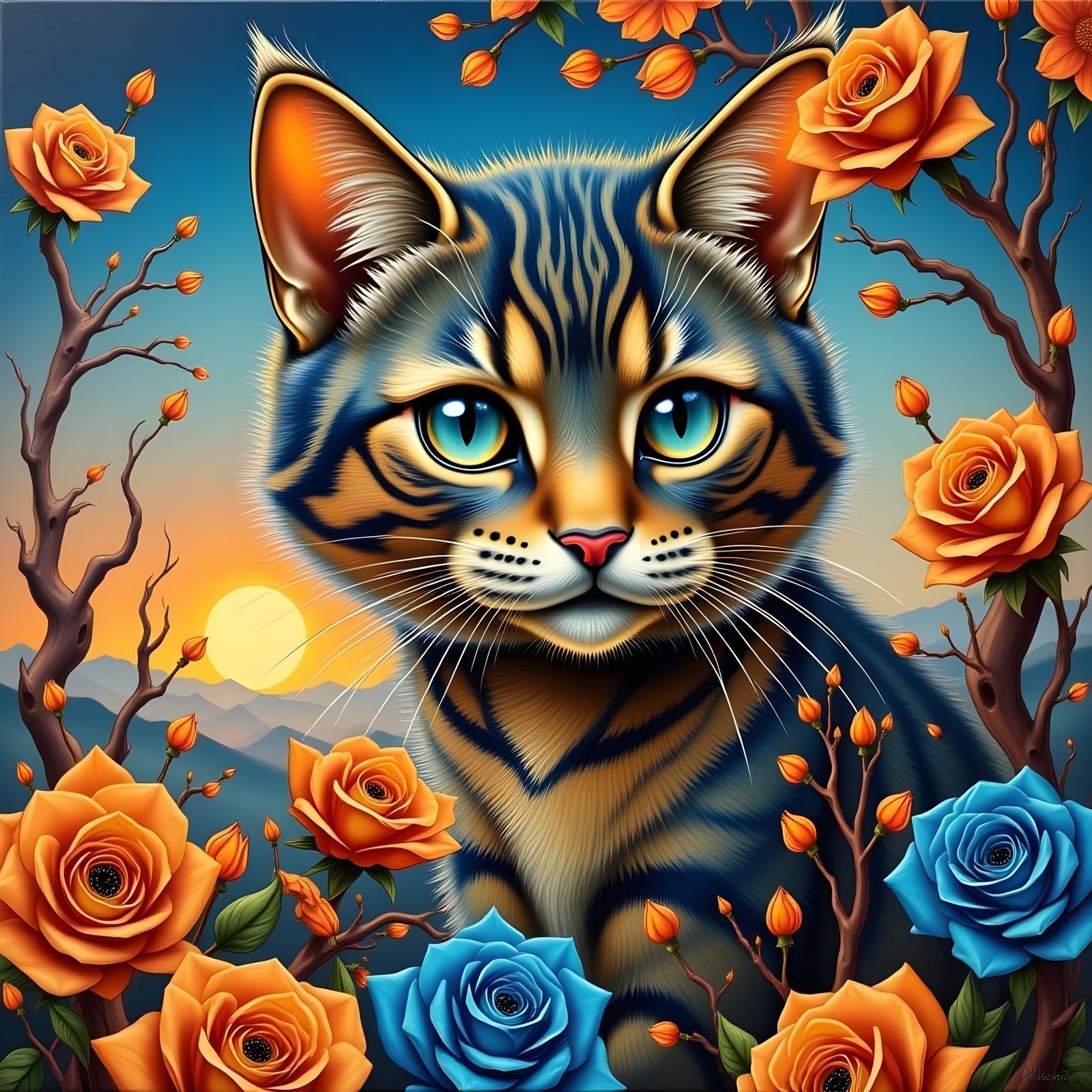 Surreal Cat in Rose Garden at Sunset