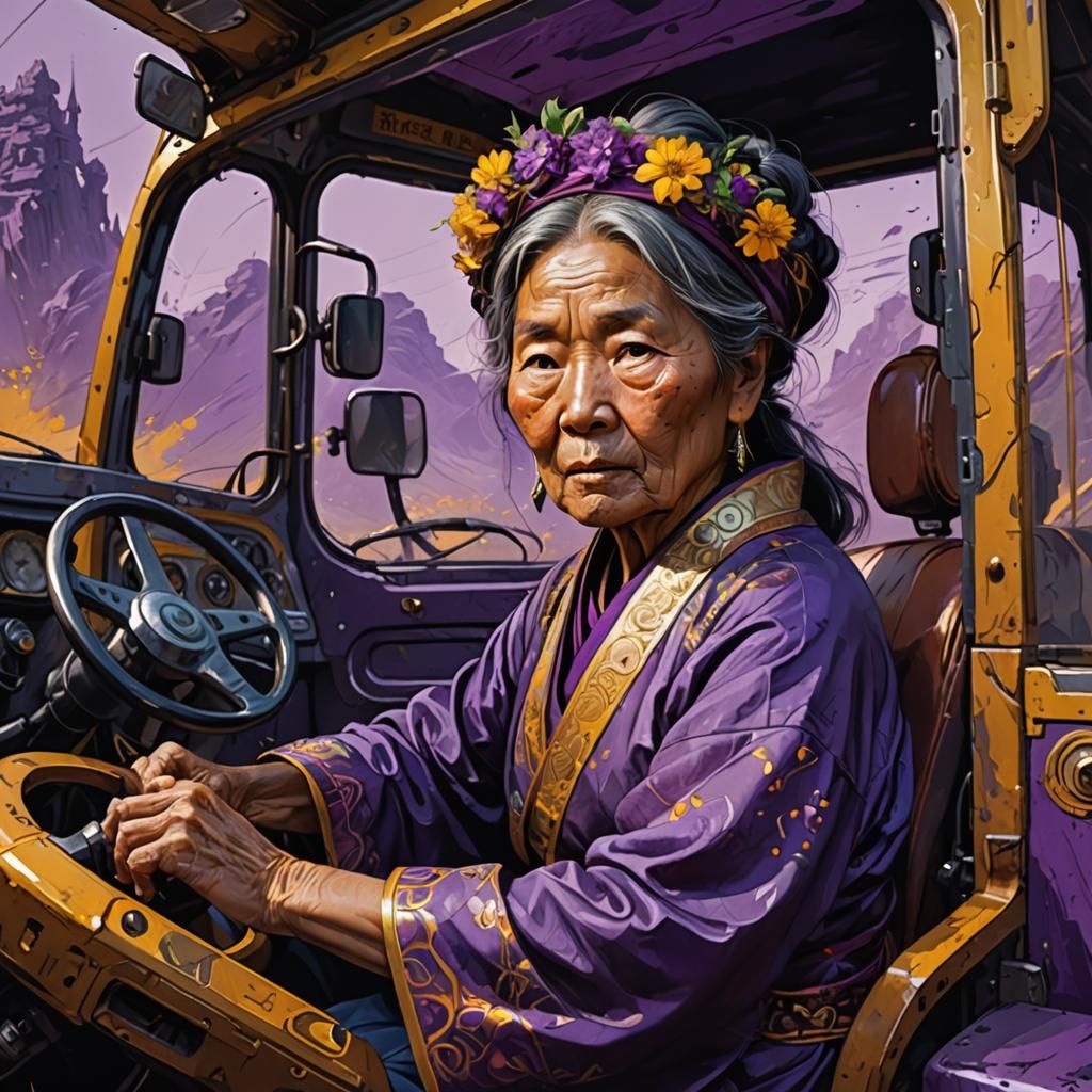Old Asian Woman Driving Semi Truck, Dark Fantasy Art