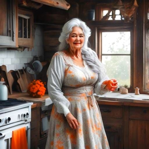 Grandmother in Sunlit Kitchen with Floral Dress