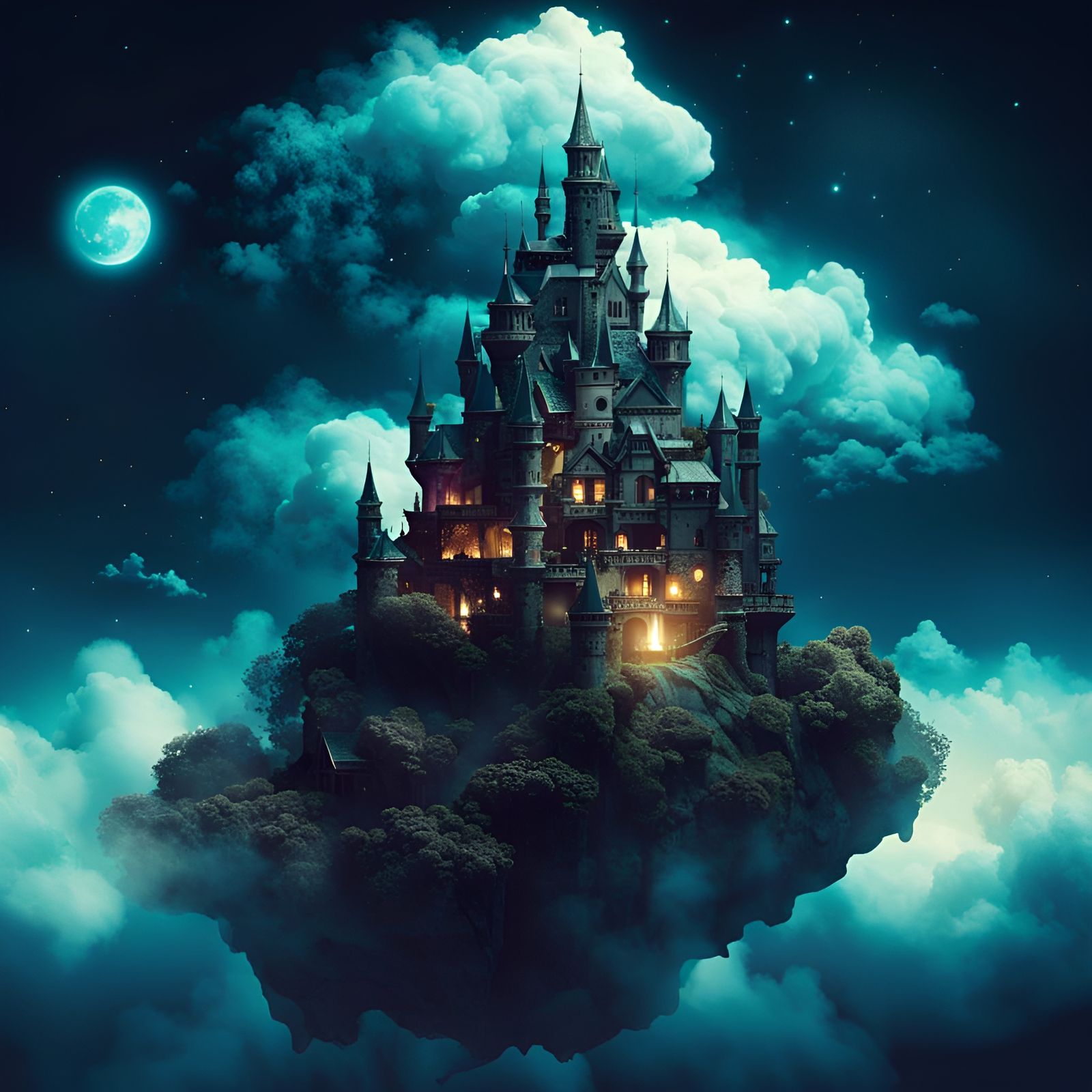 Floating Castle in the Night Sky