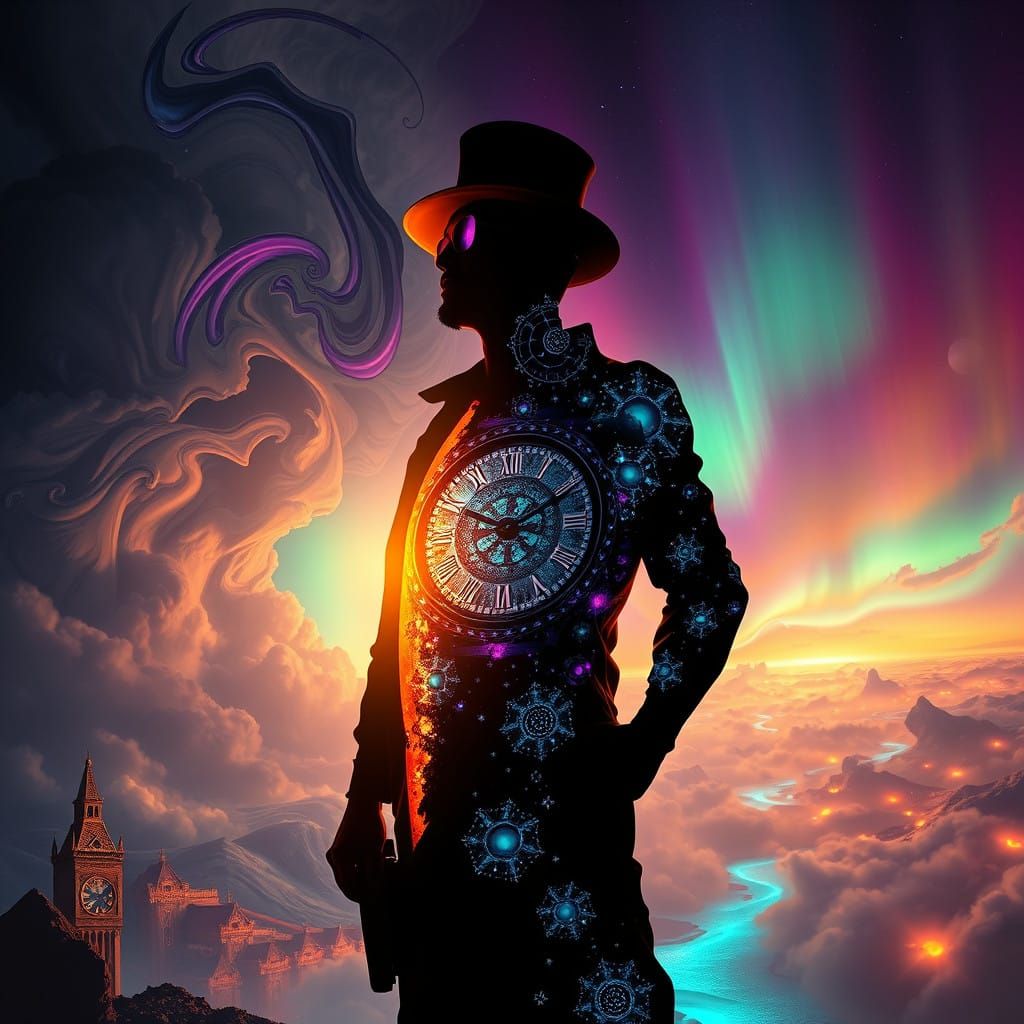 Steampunk Inventor Silhouette in Kaleidoscopic Chiaroscuro