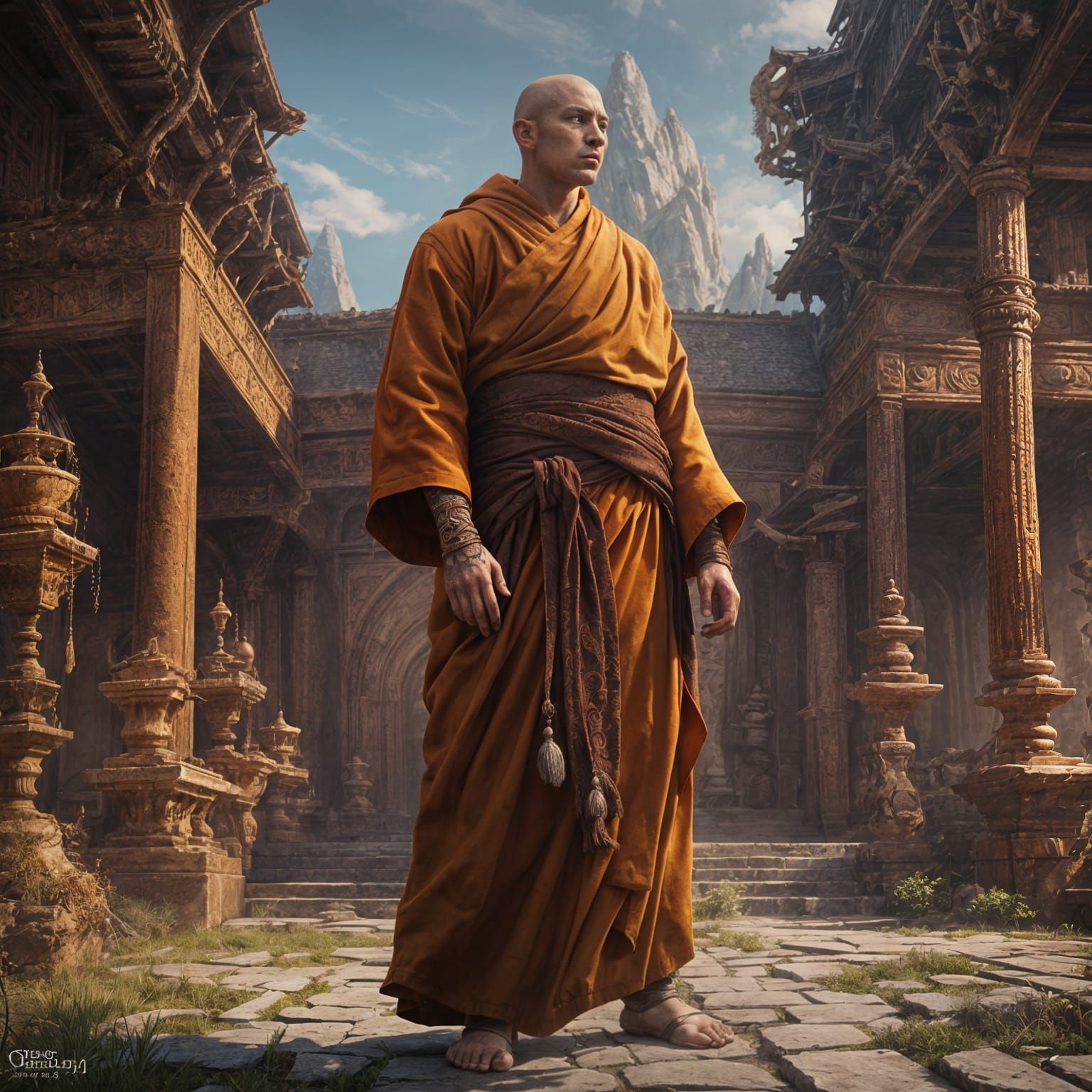 Levitating Monk in Detailed Matte Painting