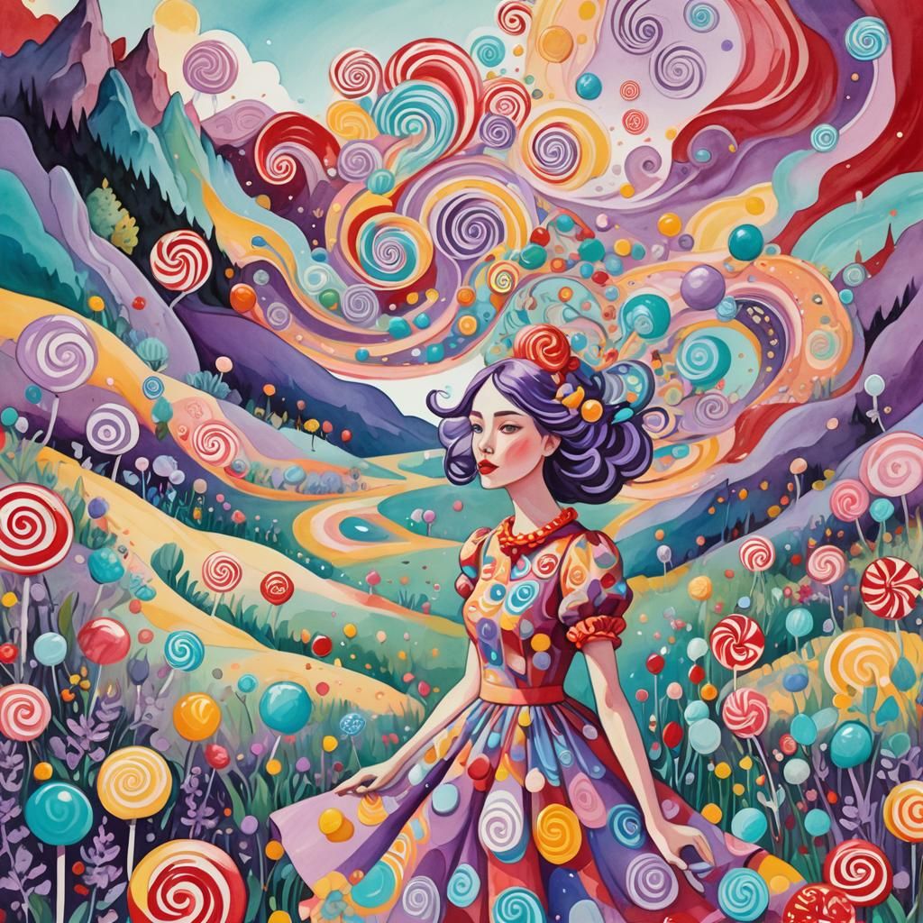 Woman in Candyland Landscape: Whimsical Gouache Art