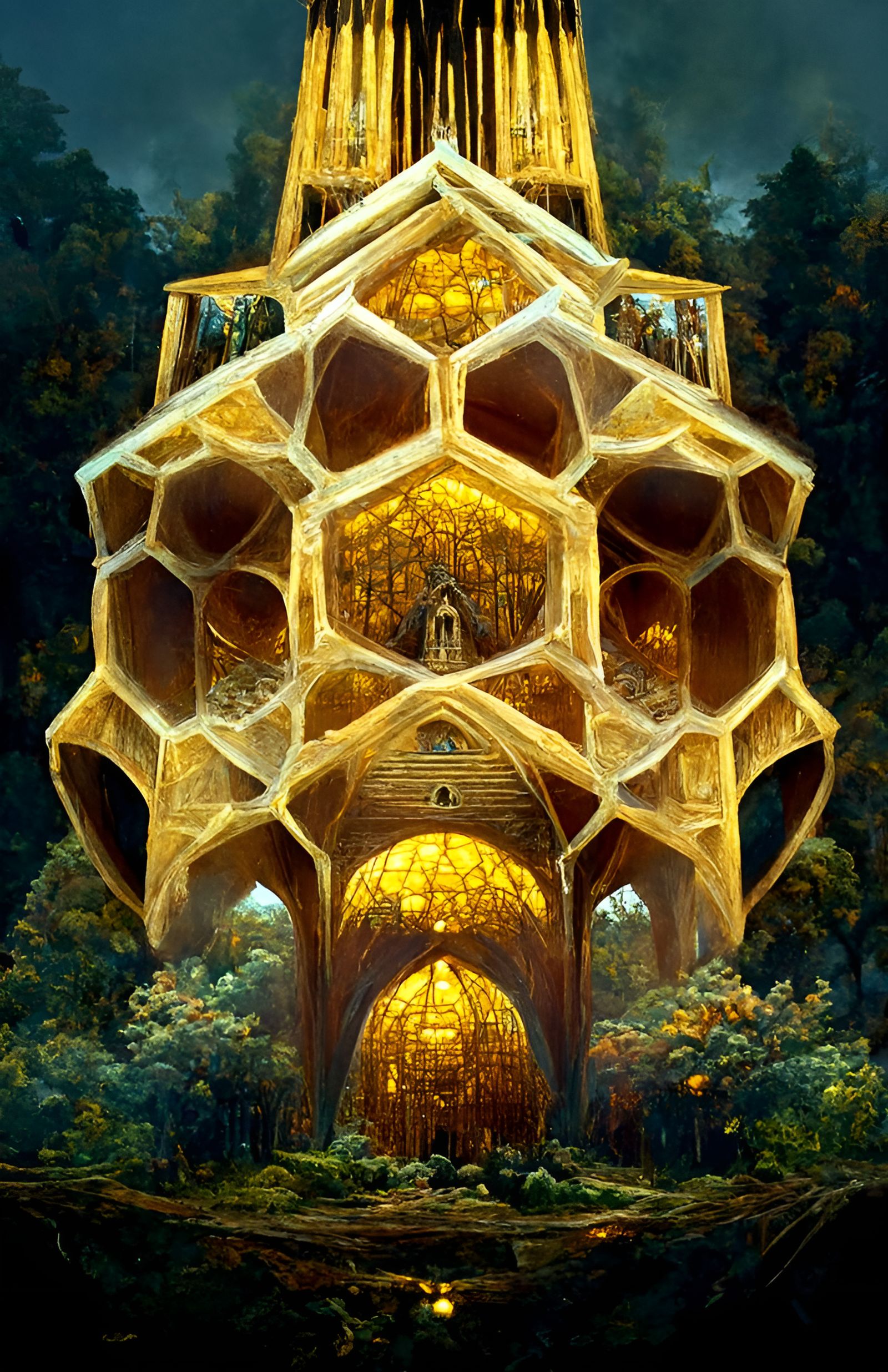 Honeycomb Cathedral in Forest: Digital Hyperrealism