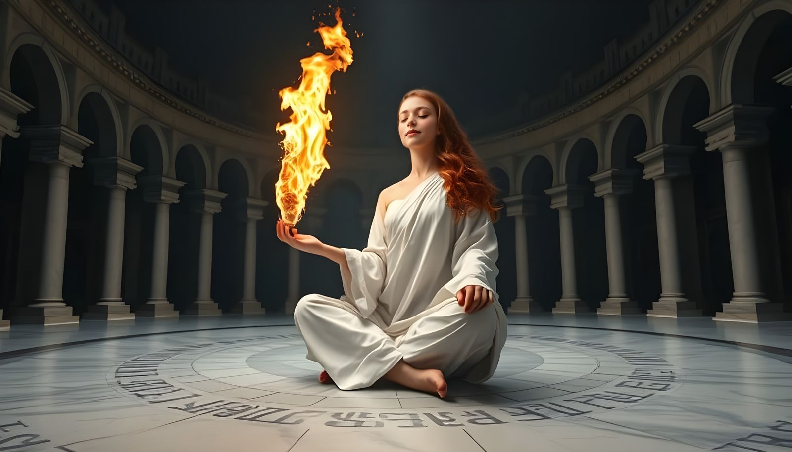 Meditating Woman with Magic Flame in Ancient Temple