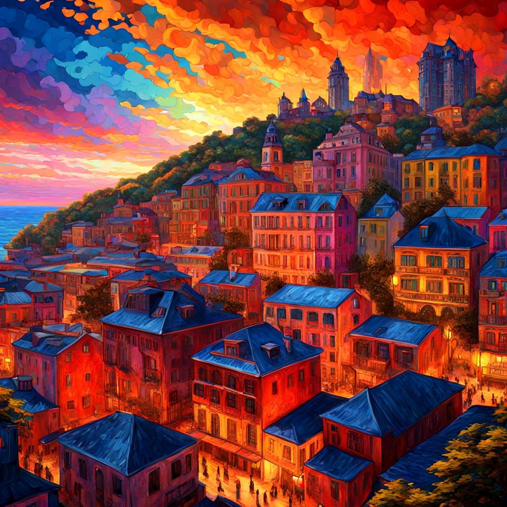 City Under a Vibrant, Iridescent Sky