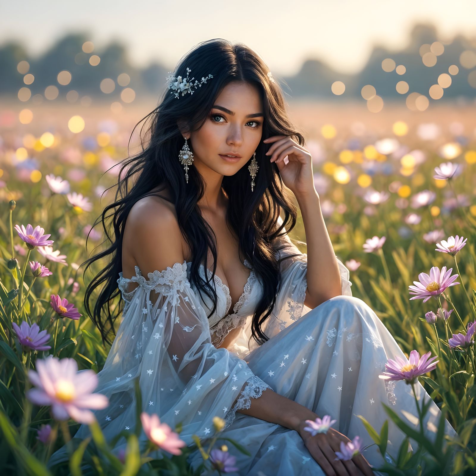 Ethereal Woman in Glowing Flower Field: Digital Painting