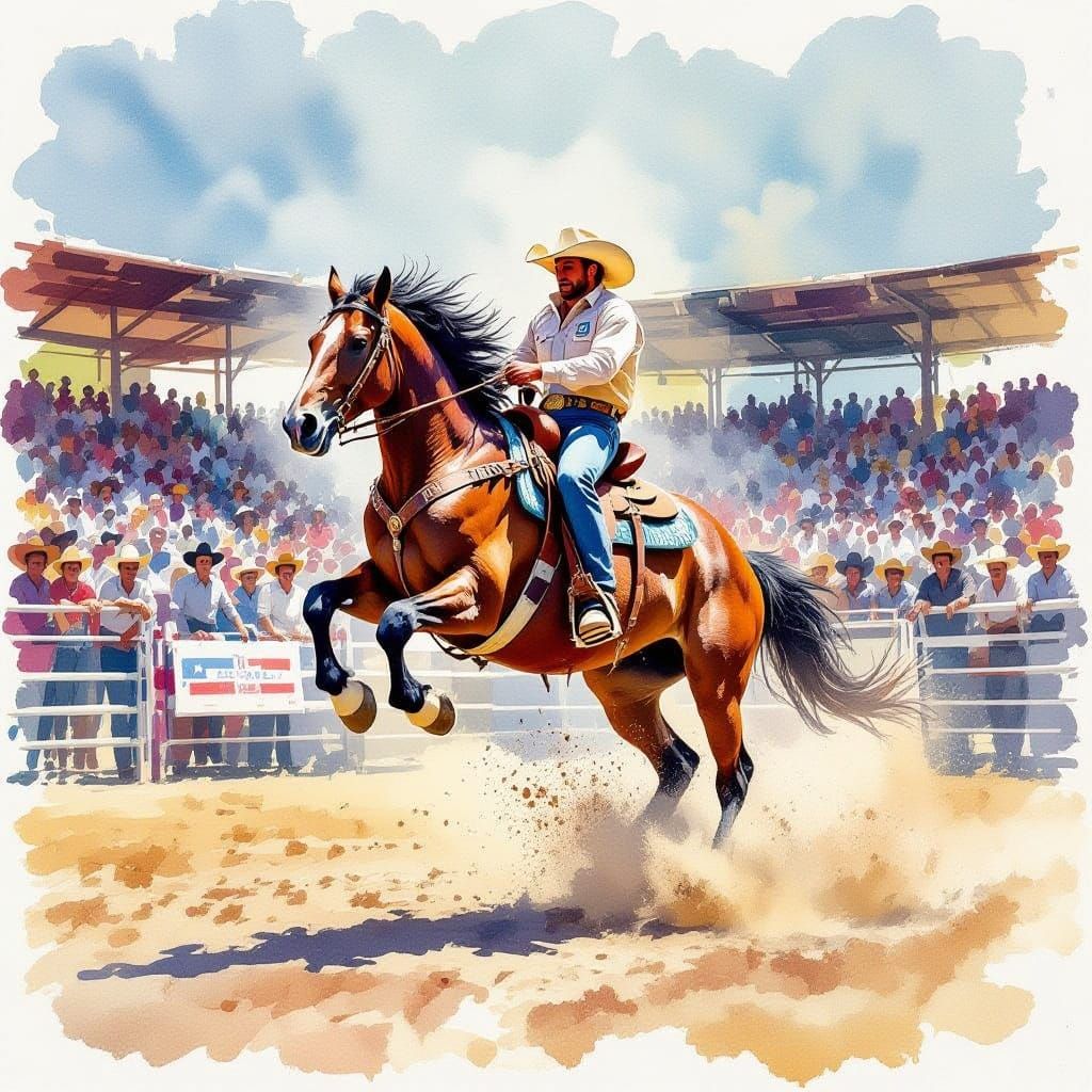 Wild Stallion Rodeo Scene in Vibrant Gouache Style