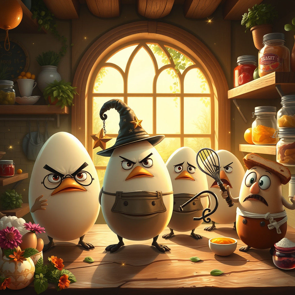 Enchanted Angry Eggs in a Whimsical Kitchen