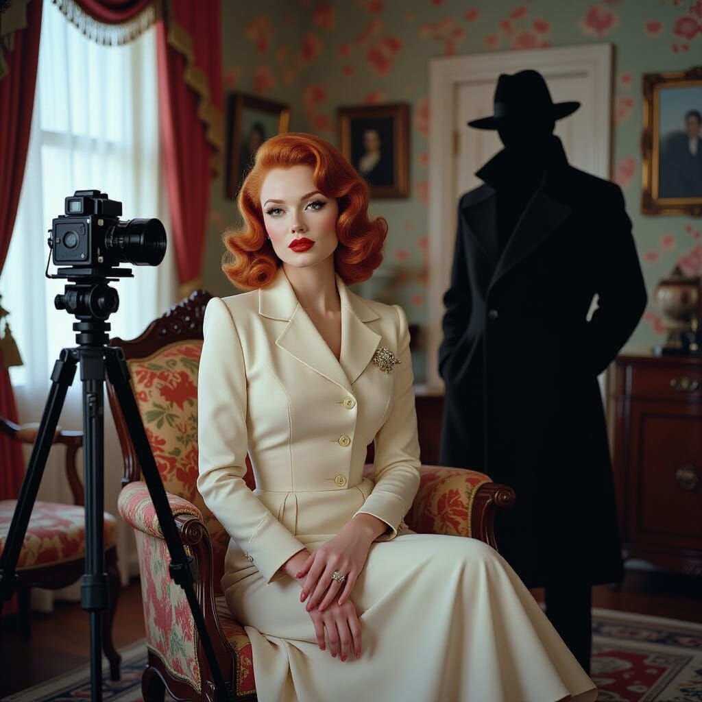 Redhead Temptress in Vintage Parlor with Shadowy Figure