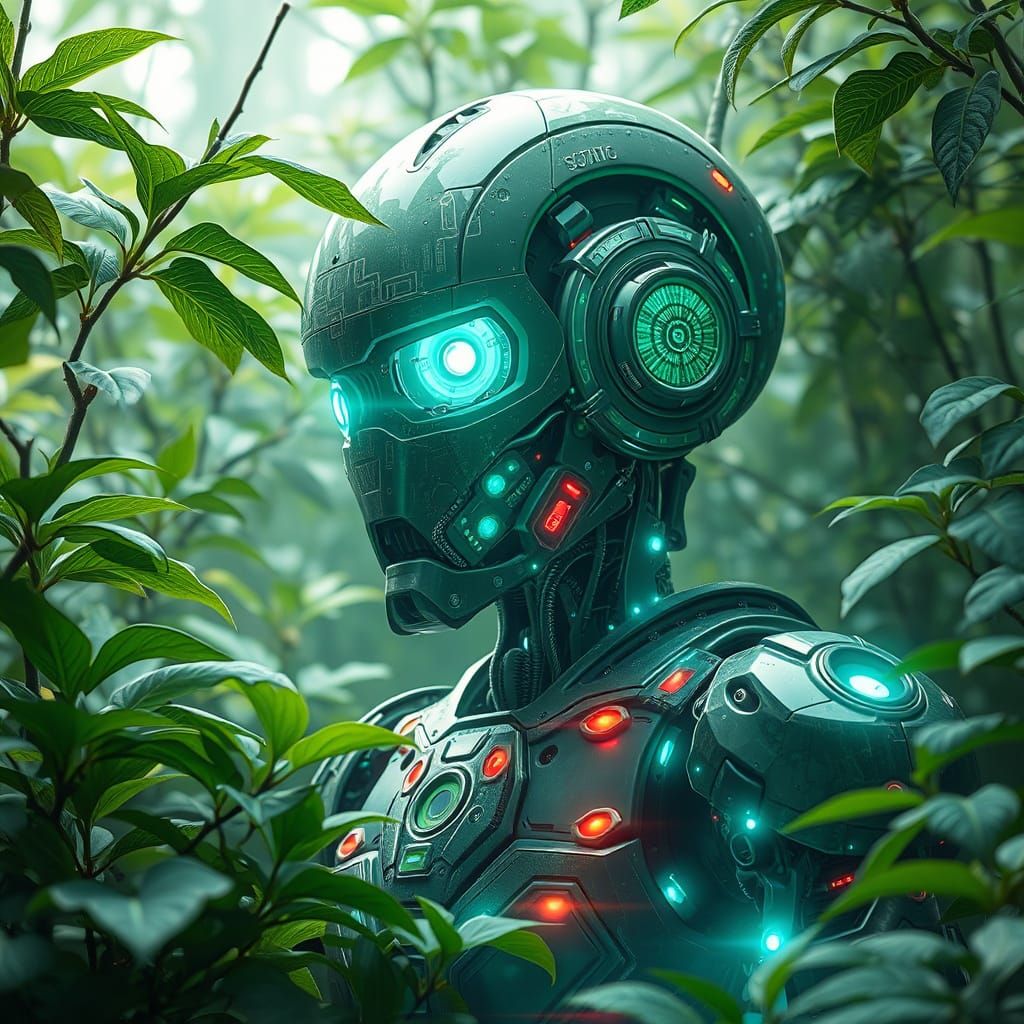 Futuristic Robot in Lush Nature with Glowing Circuitry