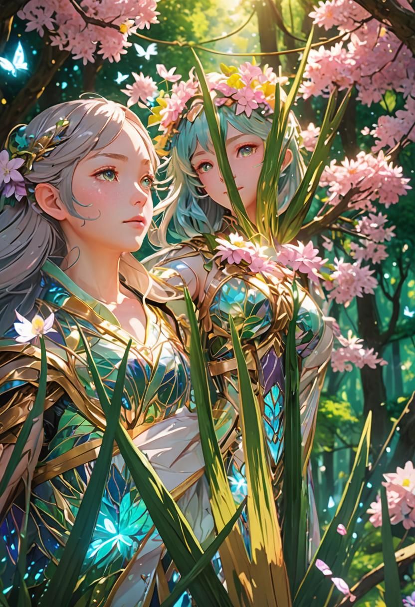 Gaia in Anime Style Forest with Glowing Leaves