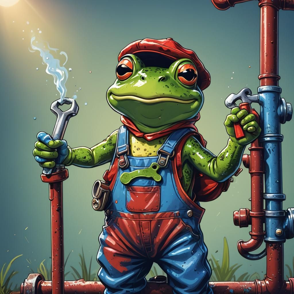 Cartoon Frog Plumber with Wrench, Nintendo-Inspired Art
