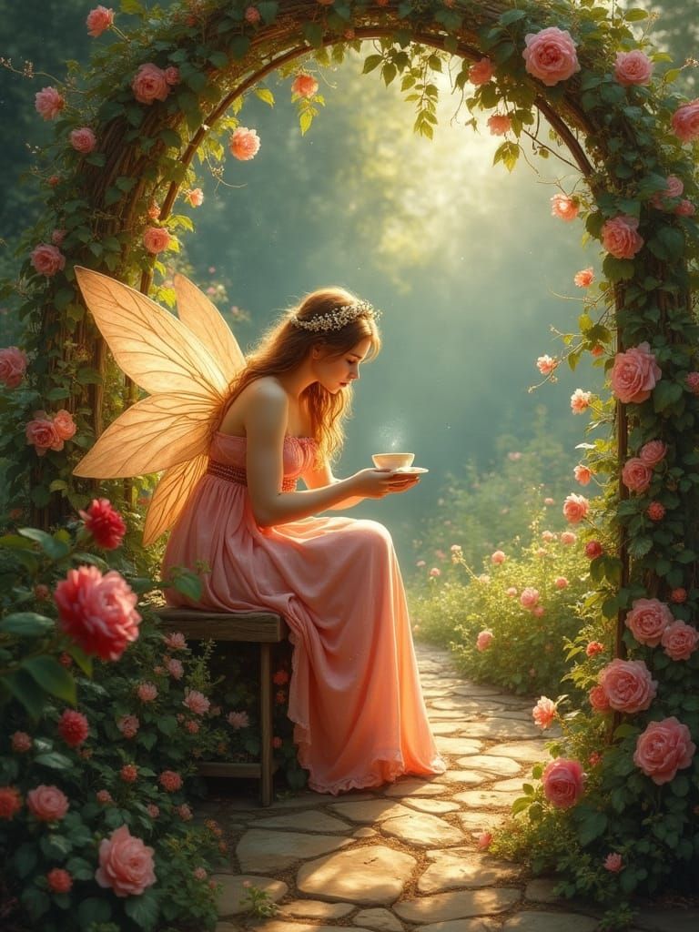 Fairy Tea Party in a Flower Garden as Oil Painting