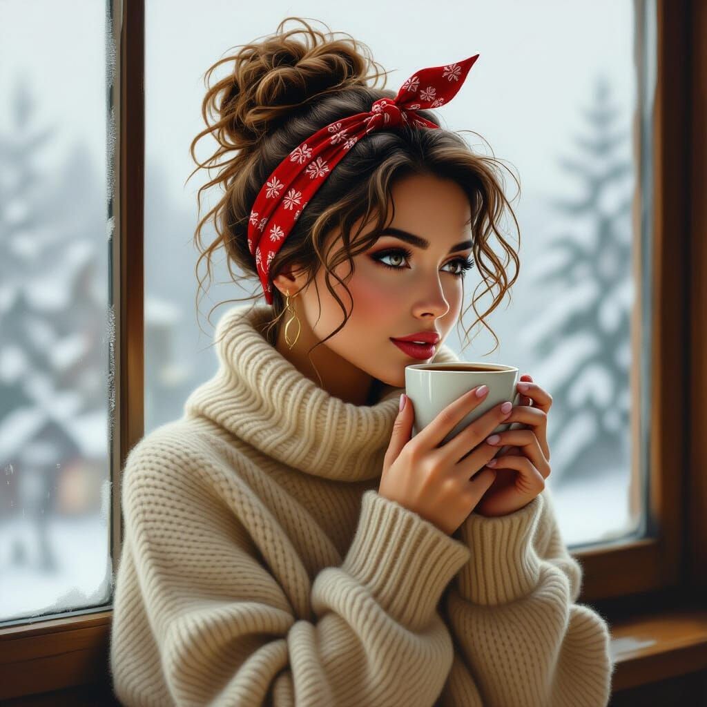 Contemplative Woman Sipping Coffee: Hyperrealistic Portrait
