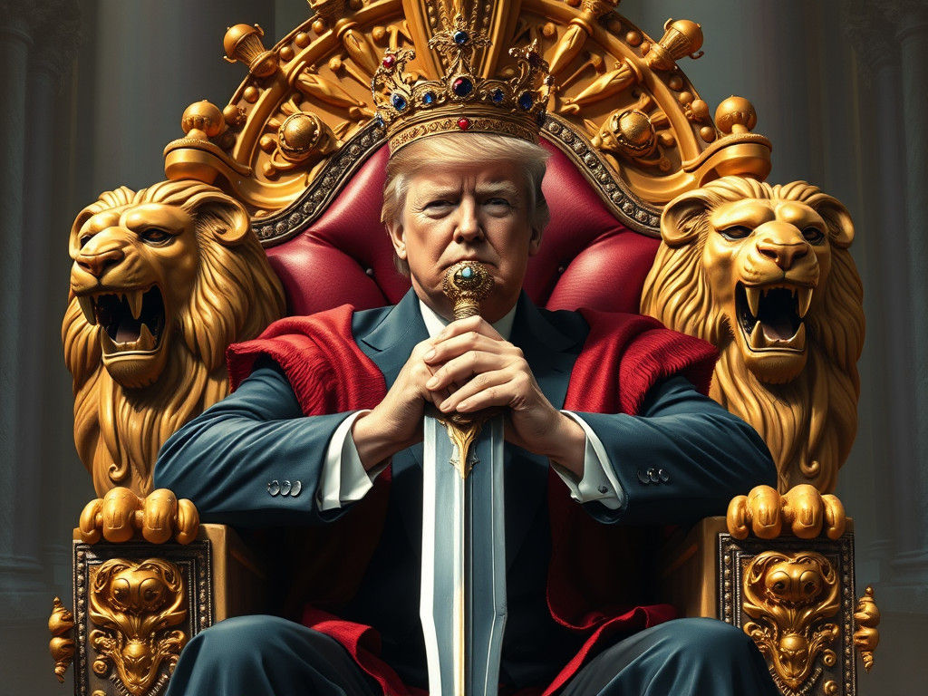 Regal Trump Sits Upon Ivory and Gold Throne with Lion Heads