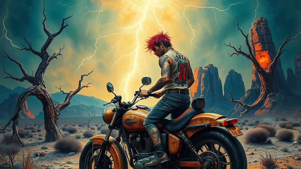 Fantasy Punk Rocker on Motorcycle in Post-Apocalyptic Landsc...