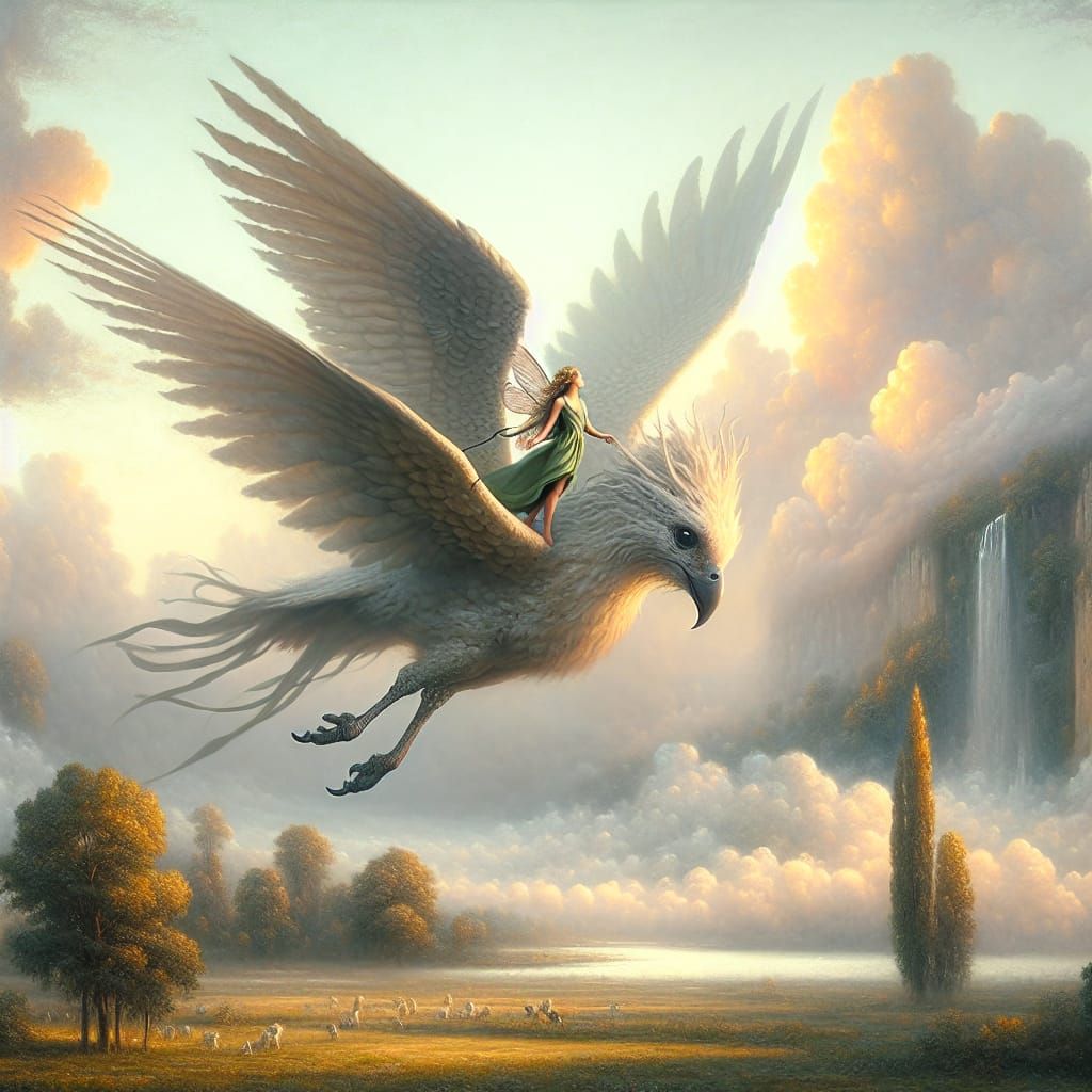 Fairy on Bird Soaring Through Ethereal Landscape