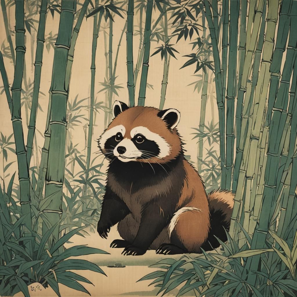 Tanuki in Bamboo: Ukiyo-e Style Print