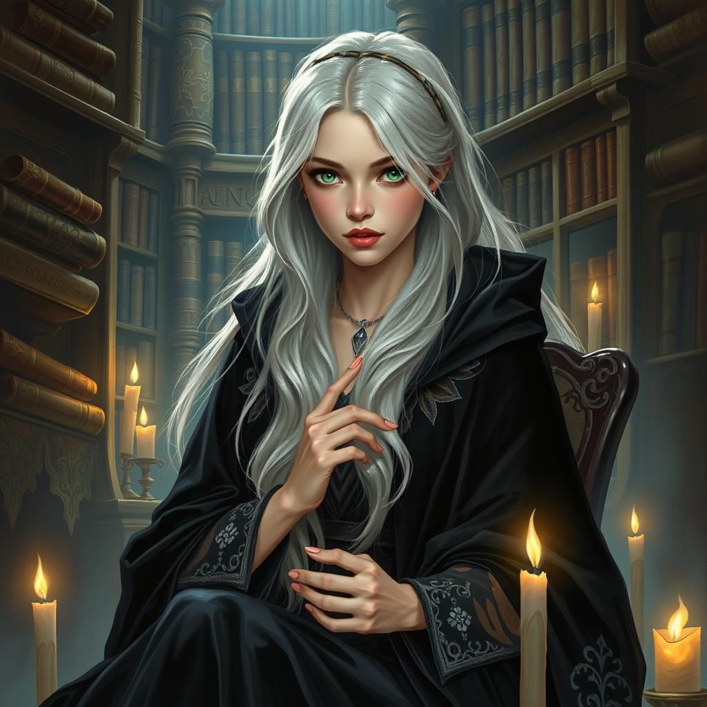 Mystical Silver-Haired Sorceress Casting Spell