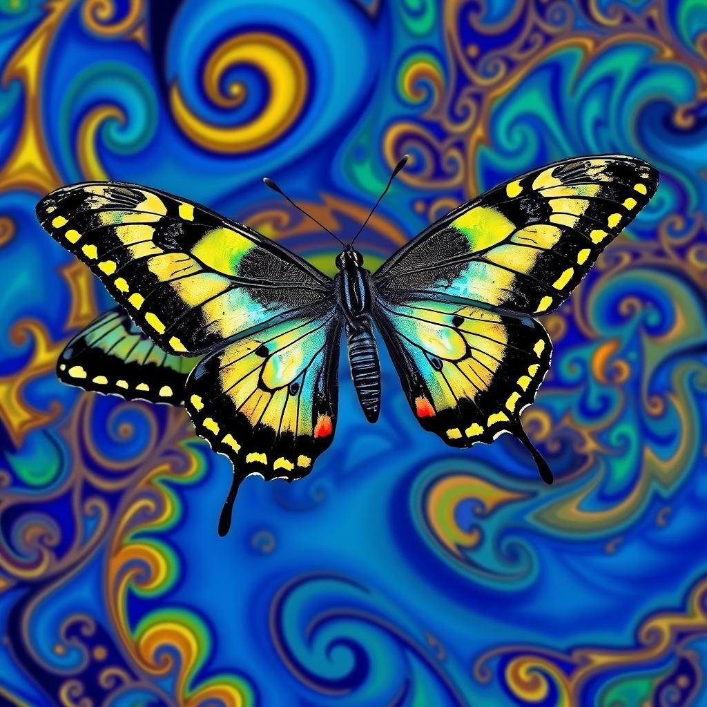 Iridescent Swallowtail Butterfly with Fractal Art Background