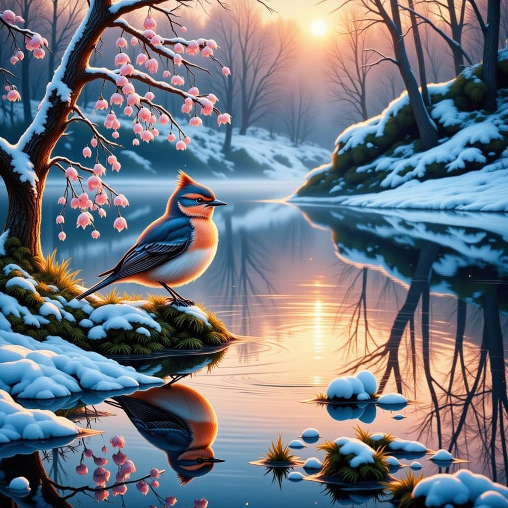 Enchanting Pastel Bird on Snowy Branch Over Frozen Lake
