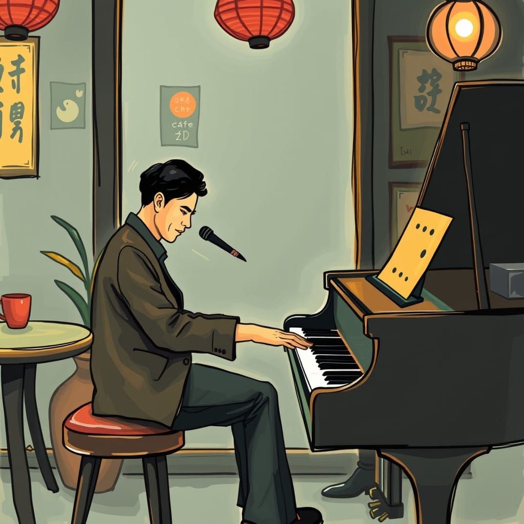 Soulful Jazz Piano Performance in a Cozy Asian Cafe