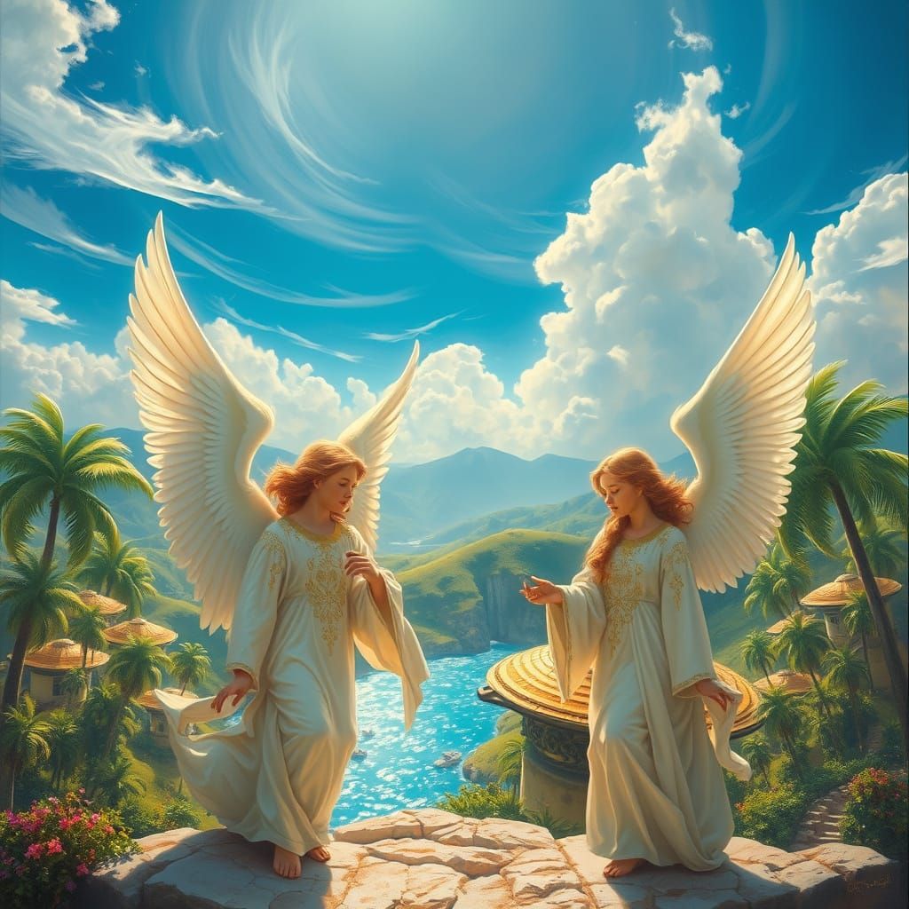 Majestic Paradise Scene with Flowing Angels