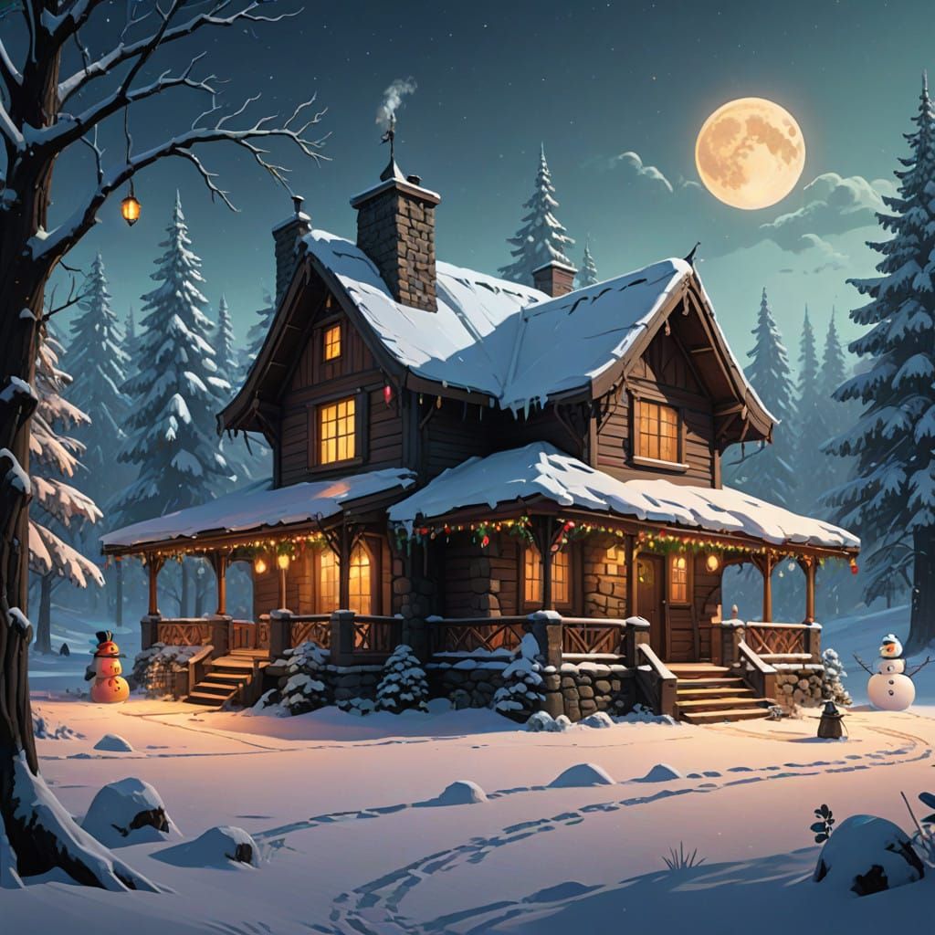 Cozy Winter Scene in Whimsical Futuristic Style